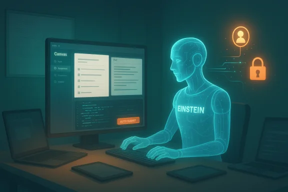 A holographic AI figure labeled EINSTEIN codes at a desk with multiple devices and security icons.