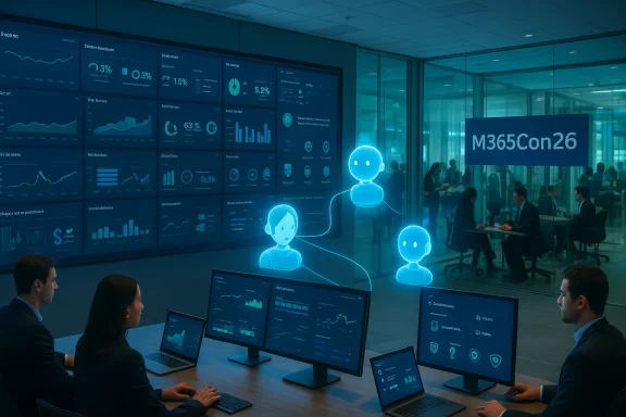 A futuristic control room with holographic blue avatars linked to sprawling data dashboards.