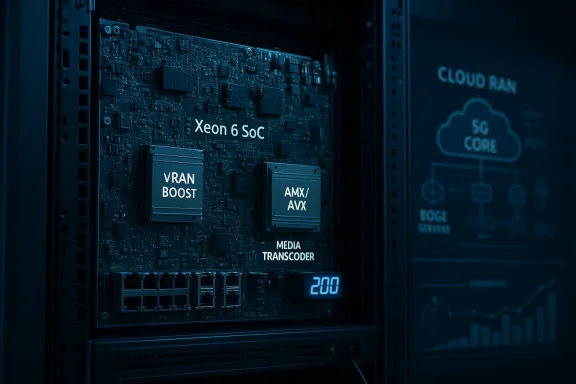 Blue-lit server rack with Xeon 6 SoC chips, VRAN BOOST, and AMX/AVX media transcoder.