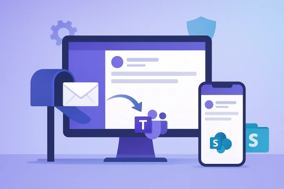 Illustration of cross-device collaboration with a computer monitor, smartphone, and mail icon.