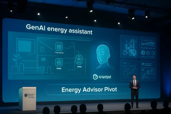 Speaker presents GenAI energy assistant on a large blue conference stage screen.