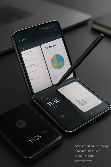 A foldable Motorola phone with a stylus, displaying charts and notes on its dual screens.