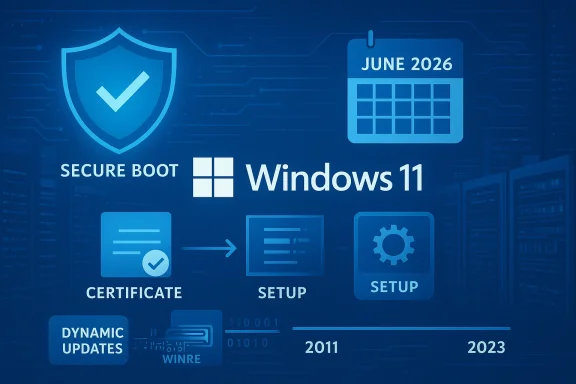 Blue Windows 11 infographic highlighting Secure Boot, setup flow, updates, and a June 2026 calendar.