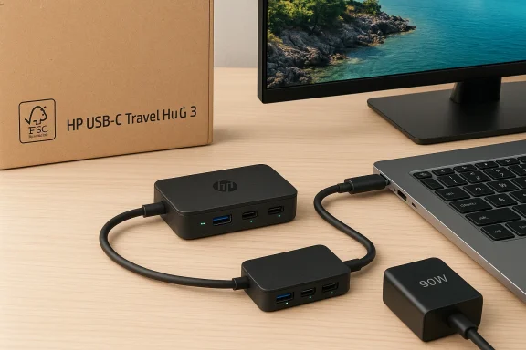HP USB-C Travel Hub 3 box with two USB-C hubs connected to a laptop and monitor.