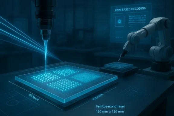 Femtosecond laser micromachining of a wafer under a robotic arm in a high-tech lab.