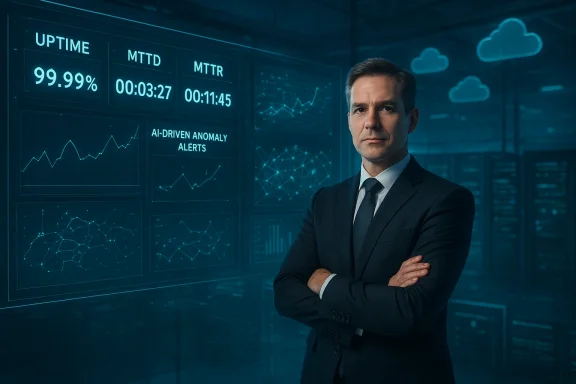 Suited businessman stands with folded arms before blue holographic data dashboards.
