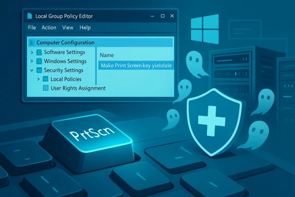 Windows Local Group Policy Editor open on a keyboard, with a security shield and server icons.