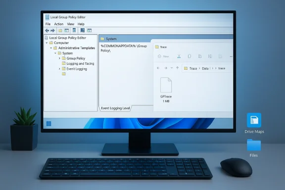 A modern workstation with a Windows desktop showing Local Group Policy Editor on the monitor.