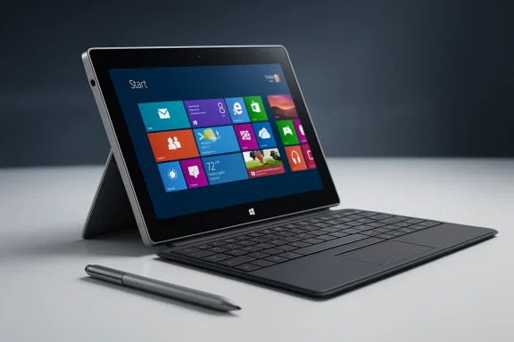 A sleek 2-in-1 tablet with keyboard and stylus displaying Windows Start screen.