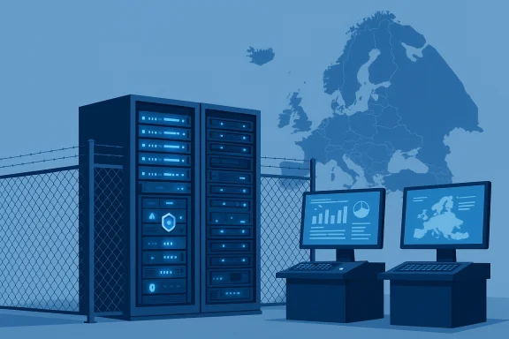 Data center with server racks and monitoring dashboards behind a security fence.