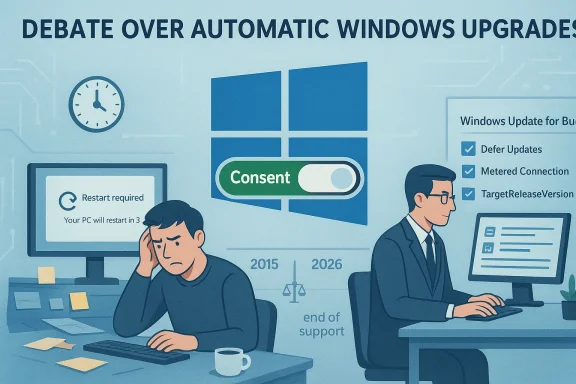 Office workers debate automatic Windows upgrades, featuring a consent toggle and restart prompts.
