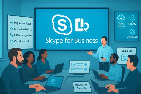 Team in a conference room watches a Skype for Business training session.