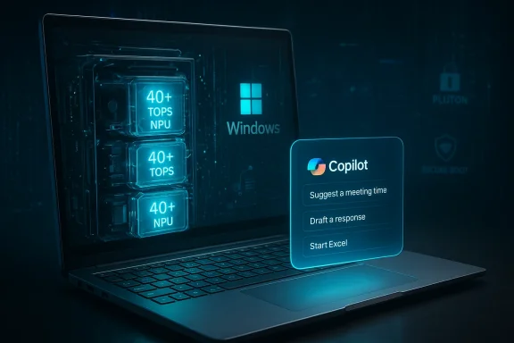 Futuristic laptop screen shows Windows with an AI Copilot panel and 40+ TOPS NPU blocks.