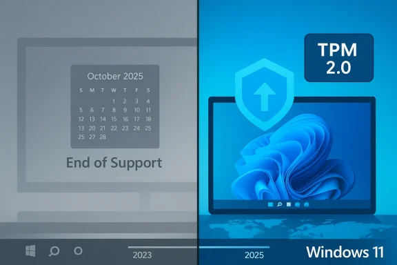 Split image: left shows “End of Support” with October 2025 calendar; right shows Windows 11 with TPM 2.0.