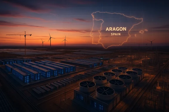 Sunset over a wind farm and blue-lit storage containers in Aragon, Spain.