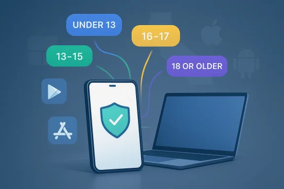 Age-based app access on mobile and laptop, from under 13 to 18 or older.