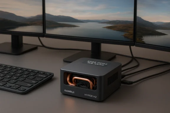 Kamrui Hyper H2 compact cooler with copper tubes sits on a desk beside a keyboard and monitors.