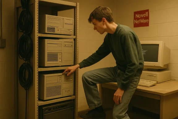 A young man inspects vintage computer hardware on a server rack.