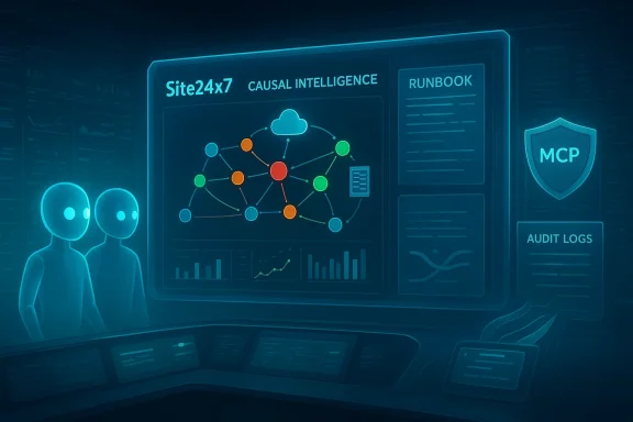 A futuristic control room featuring Site24x7's causal intelligence network graph and security tools.