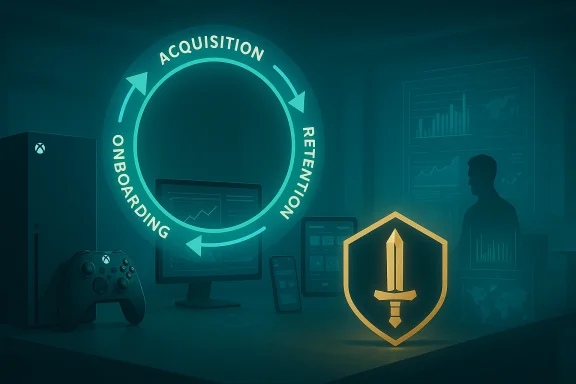 Futuristic desk with a glowing circular cycle labeled Acquisition, Onboarding, Return, beside a golden sword shield.