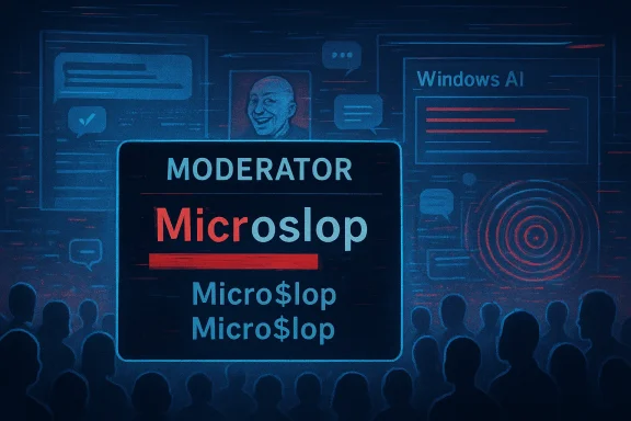 Moderator Microslop at a Windows AI event, addressing a crowded audience.