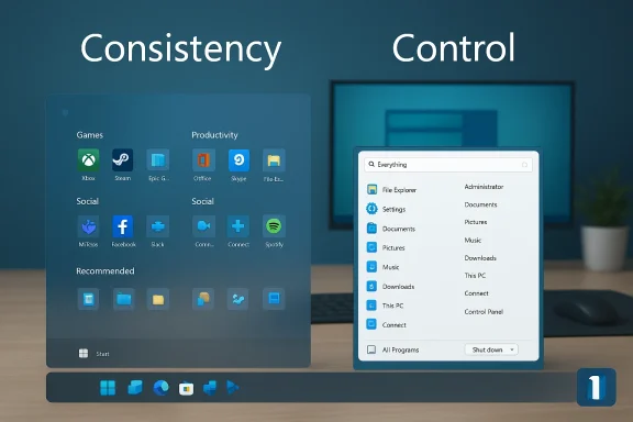 A UI concept contrasting Consistency (grouped apps) with Control (explorer-style window).