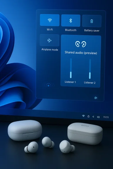 White Sony wireless earbuds with case sit in front of a blue screen showing shared audio controls.