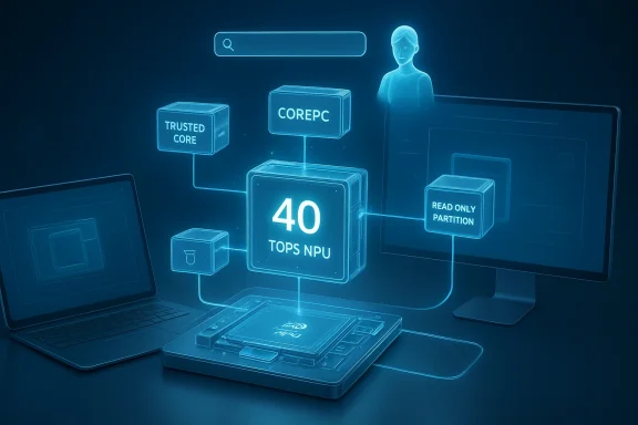 Blue holographic diagram showing a 40 TOPS NPU with trusted core, COREPC, and read-only partition.