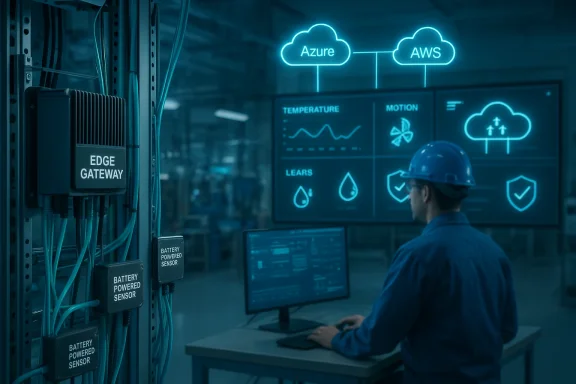 Technician in a blue helmet monitors a cloud-connected edge gateway and sensors in a data center.