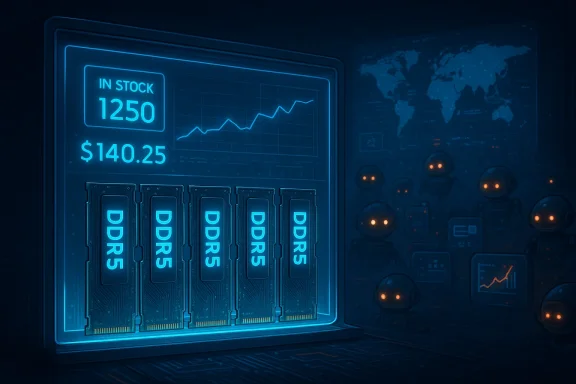 Futuristic data vault with DDR5 RAM modules, a stock-style display, and robots with glowing eyes.