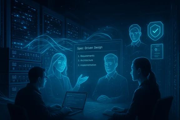 Team uses holographic display to discuss Spec-Driven Design in a data center.