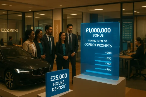 Professionals inspect a luxury car beside a giant blue display showing a £1,000,000 bonus and house deposit.