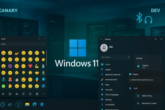 Windows 11 desktop with the emoji picker open on the left and Settings open on the right.