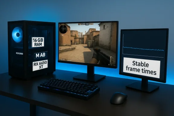Blue-lit gaming PC setup with labeled components, playing a shooter on the main monitor; a second screen shows “Stable frame times.”