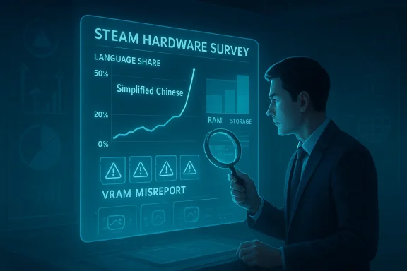 A suited analyst studies a holographic Steam hardware survey dashboard.