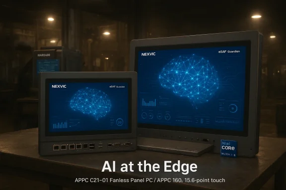 Two edge AI panel displays showing a glowing neural-brain network on blue dashboards. Two edge AI panel displays showing a glowing neural-brain network on blue dashboards.