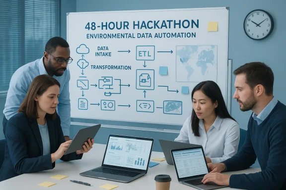 Team collaborates on environmental data automation during a 48-hour hackathon.