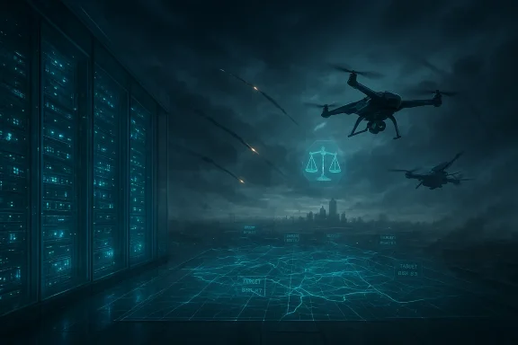 Blue-tinted data center with server racks, hovering drones, and glowing holographic scales of justice over digital grid.