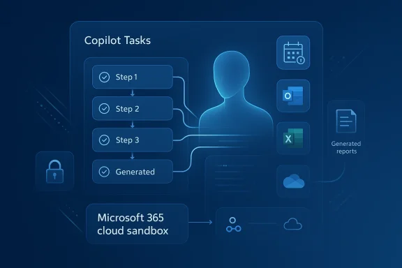 A futuristic Copilot Tasks flowchart showing Steps 1–3, a generated output, and Microsoft 365 icons.