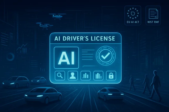 Futuristic city with autonomous cars and a glowing AI driver's license panel.