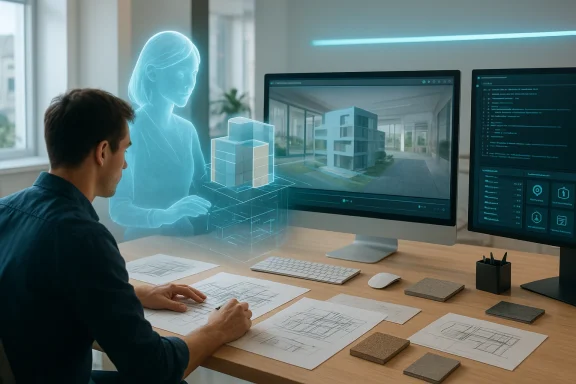 Architect sketches as a holographic assistant arranges translucent 3D building blocks at a futuristic workstation.