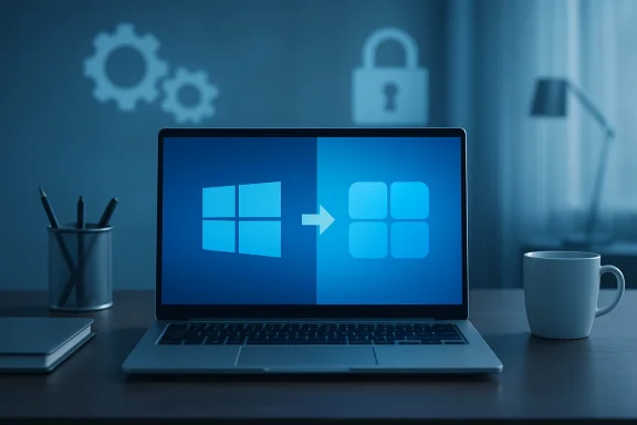 Laptop screen shows Windows upgrade from classic tiles to modern rounded tiles.