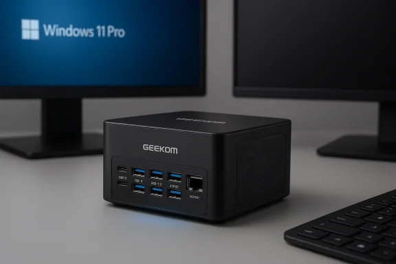 Geekom mini PC with multiple USB ports sits on a desk in front of Windows 11 Pro monitors.