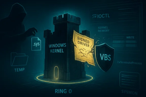 A hooded hacker targets a Windows kernel fortress as a signed driver shields VBS at Ring 0.