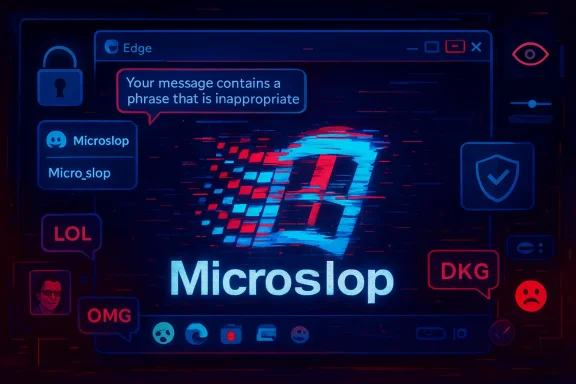 Neon glitch-art parody of Microsoft, centered on “Microslop” with chat bubbles and a digital UI.
