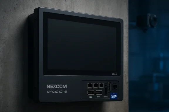 NEXCOM APPC160 IP65 industrial panel PC mounted on a concrete wall. NEXCOM APPC160 IP65 industrial panel PC mounted on a concrete wall.