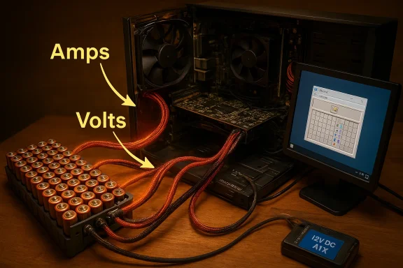 An open desktop PC connected to a battery bank via red cables, labeled amps and volts.