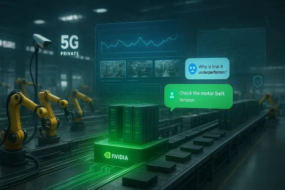 Industrial robot factory with Nvidia servers and holographic diagnostics on a 5G private network.