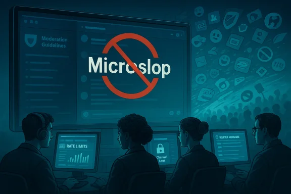Control room monitors display 'Microslop' with a red no symbol, amid moderation guidelines.