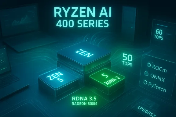 Neon AMD chip display showcasing Ryzen AI 400 Series, Zen cores, and RDNA 3.5 Radeon.
